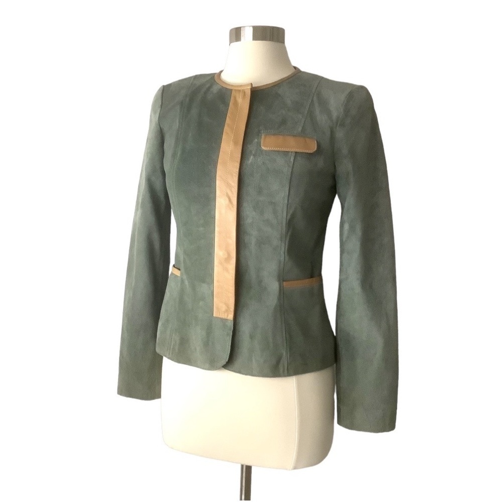 Vintage Doncaster Suede Jacket Snap Button Sage Green‎ with Leather Trim Sz 2